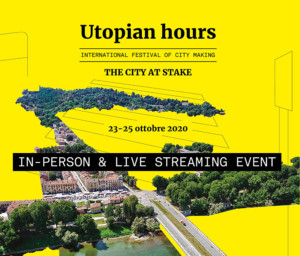 A poster that reads Utopian Hours on a yellow background