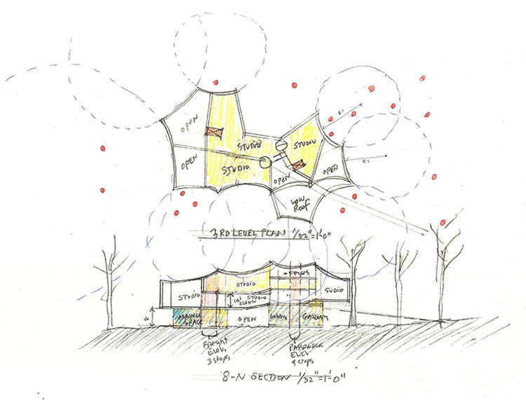 Sketch of a tree-like arts center splayed upwards