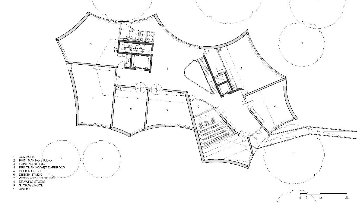 Aerial diagram of the Winter Visual Arts Building with printmaking, photo labs, and other arts spaces denoted