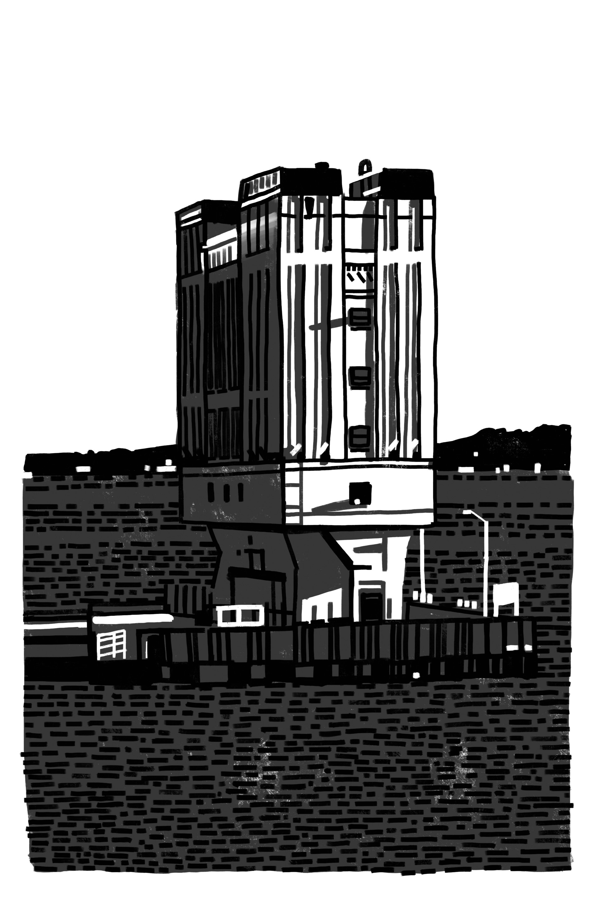 black and white diagram of a tall brutalist building over an exhaust