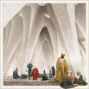 Speculative drawing of a cavernous prayer hall for dubai architecture festival