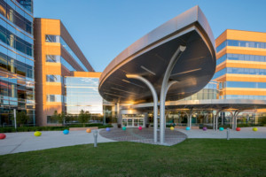 Texas Children's hospital, with a huge leaf-shaped metal awning out front