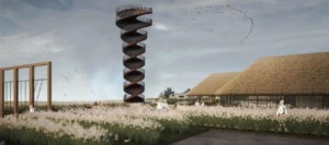 a spiral observation tower emerging from marshland, aka marsh tower