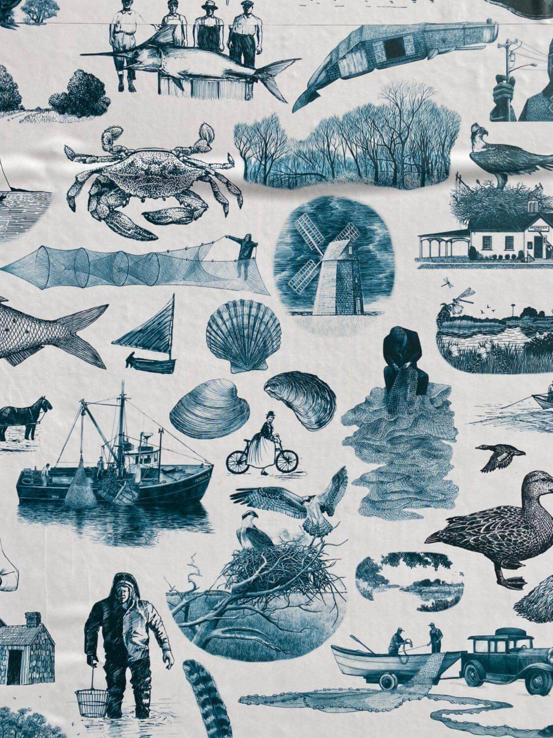toile wallpaper depicting traditional life in the hamptons, part of bonac blind
