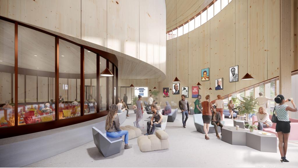 Interior rendering of the new rice university student center with curving walls