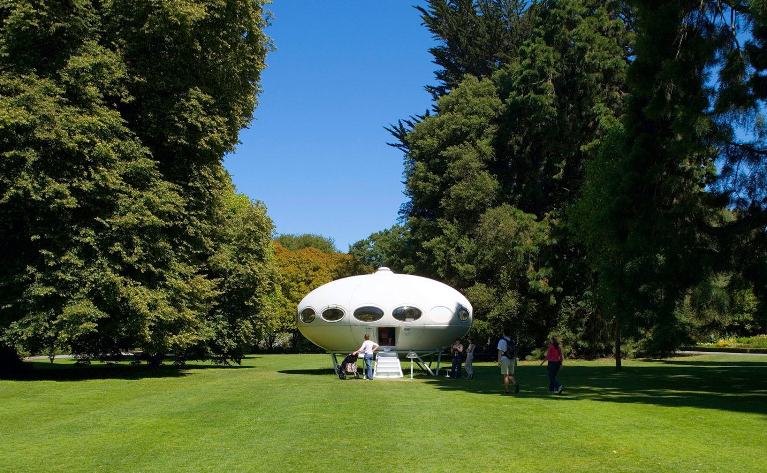 a flying saucer home surrounded by trees