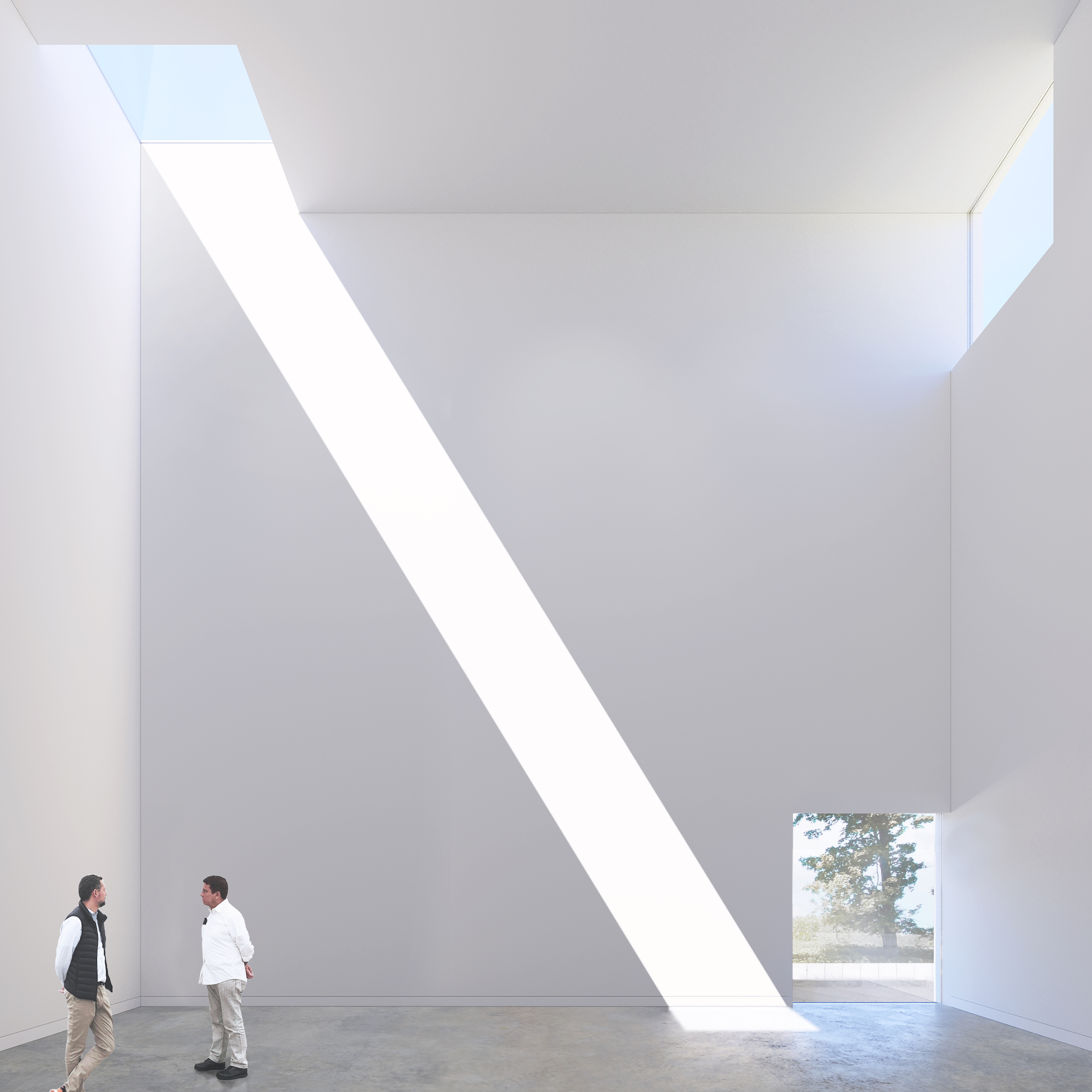 rendering of a ray of light coming in through a tall gallery