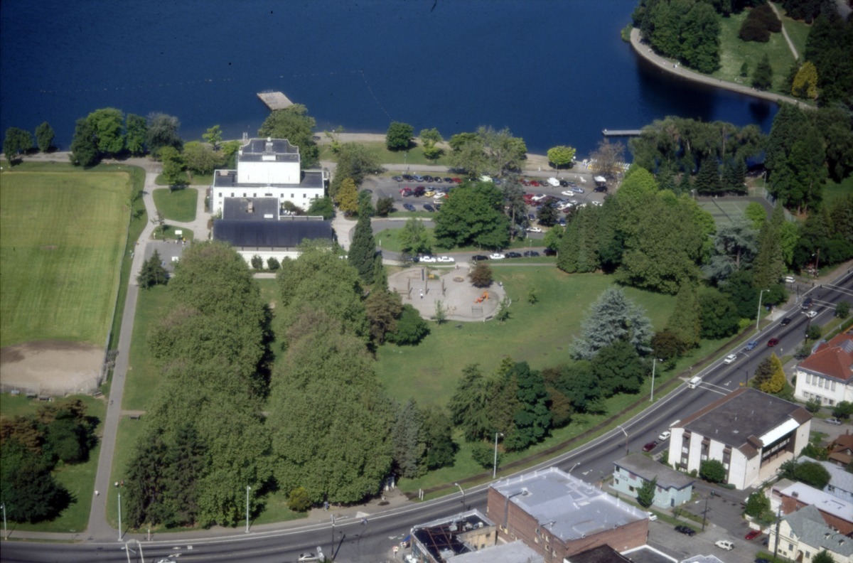 aerial view of a lakeside community center surrounded by a park, the Green Lake Community Center
