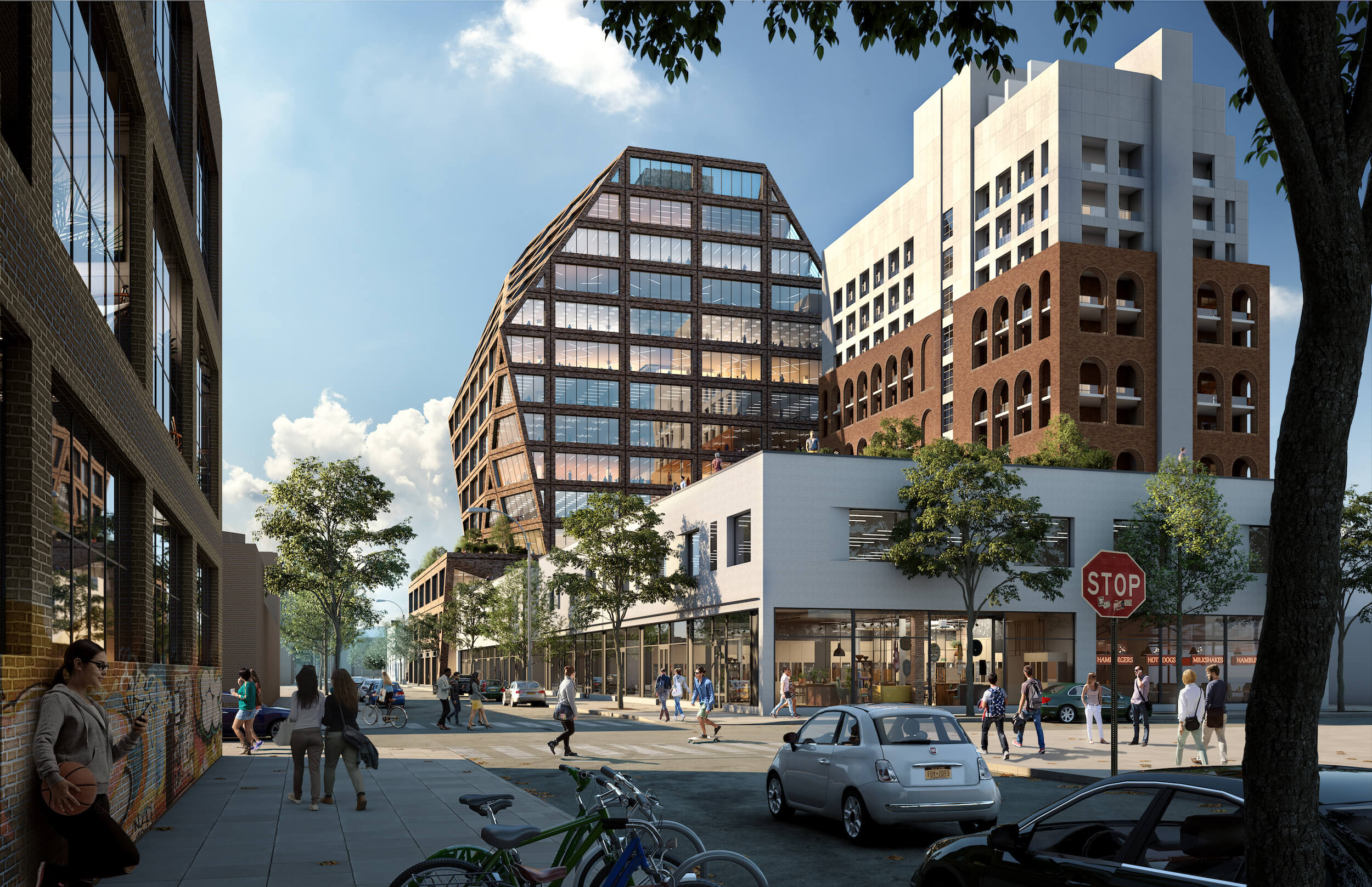illustration gem-like office building rising from an urban street scene, bushwick generator