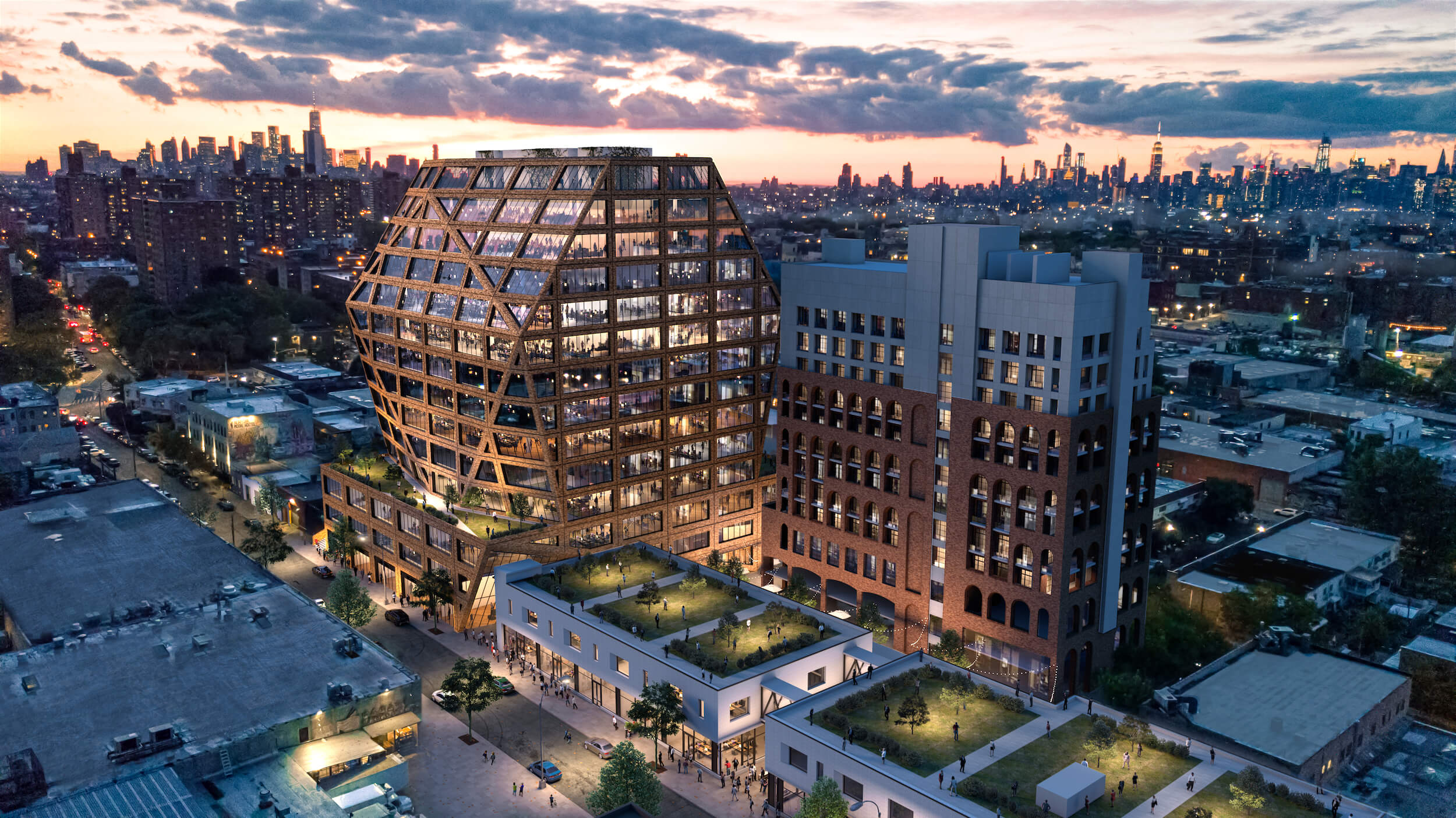 aerial illustration of an office campus in industrial brooklyn