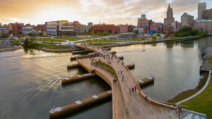 The Providence River Pedestrian and Bicycle Bridge with people on it