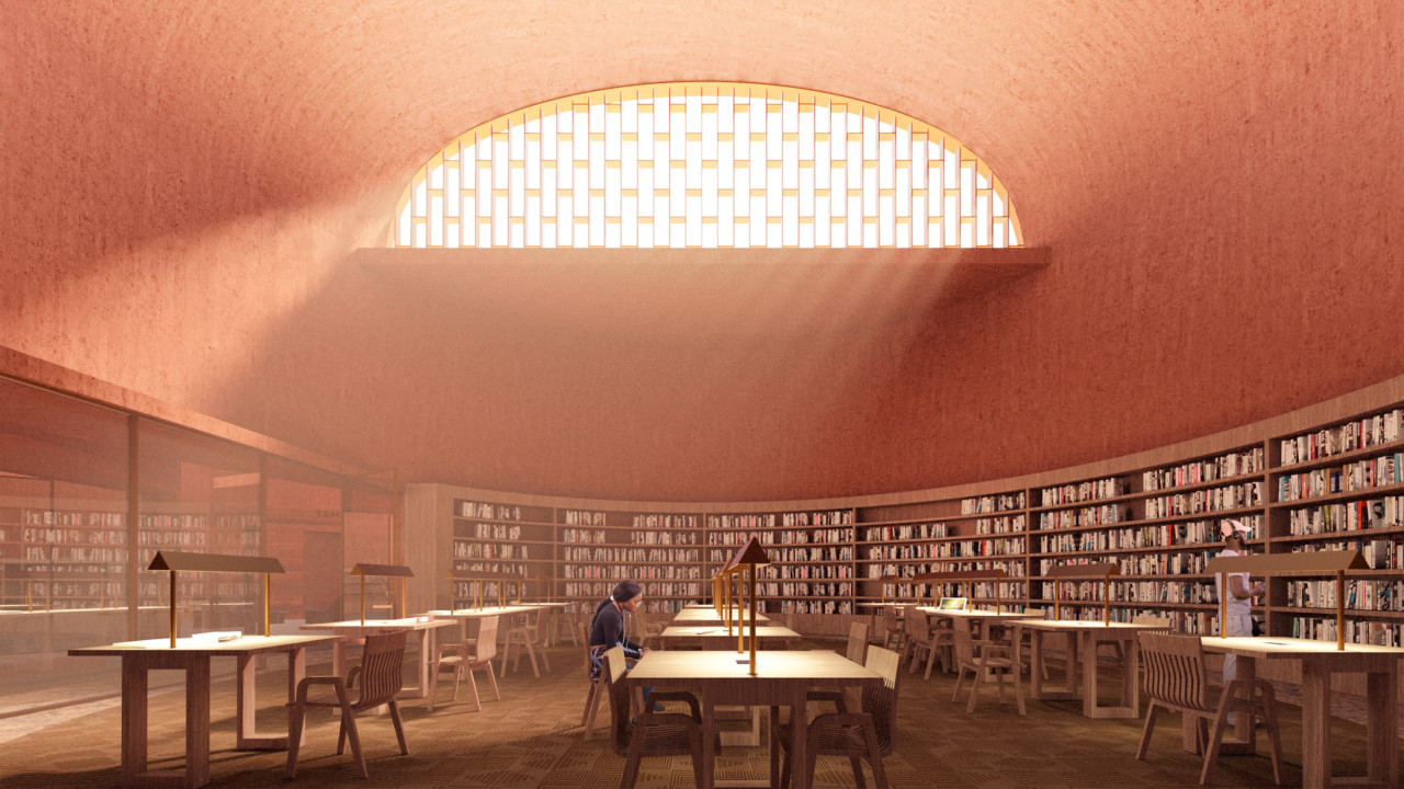 a round, book-lined room with a large wedge-shaped skylight