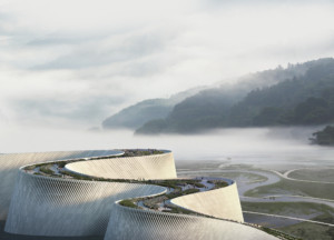 illustration of a twisting, river-like museum building,the Shenzhen Natural History Museum
