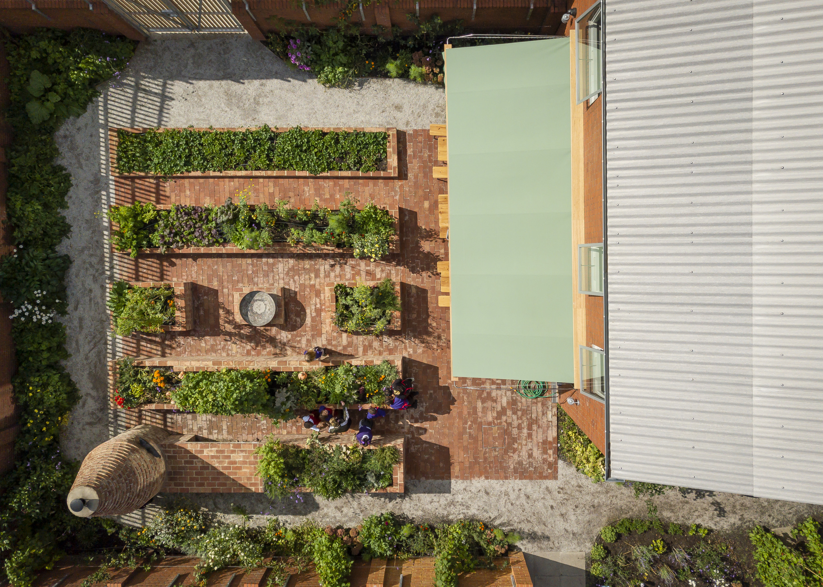 Aerial photo of a brick garden