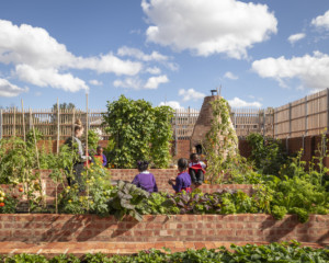 A brick garden with children
