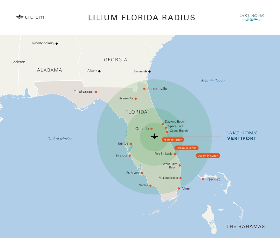Map of the florida panhandle from lilium depicting the range of its flying taxis