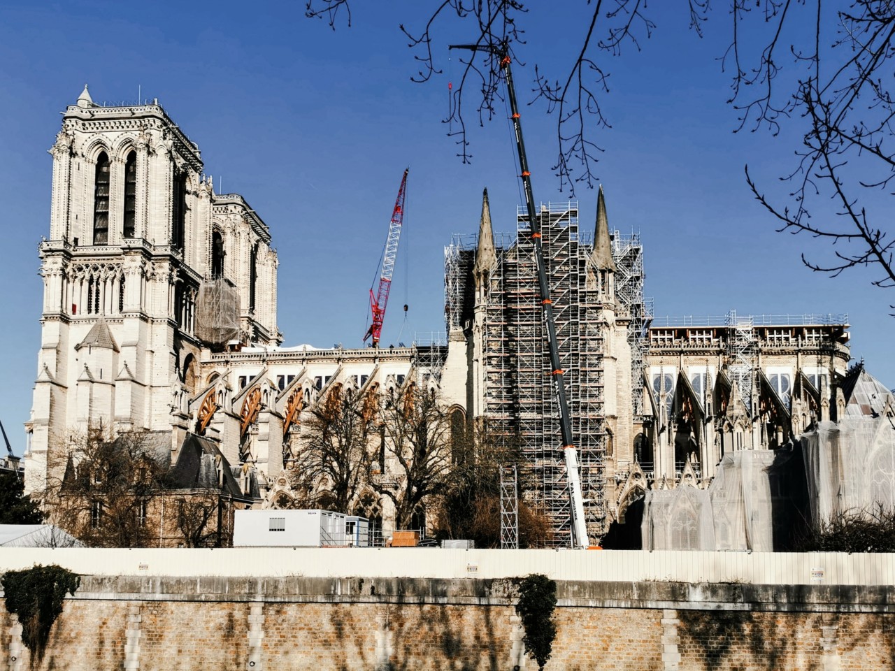 Notre Dame Cathedral, sans spire, surrounded by scaffolding
