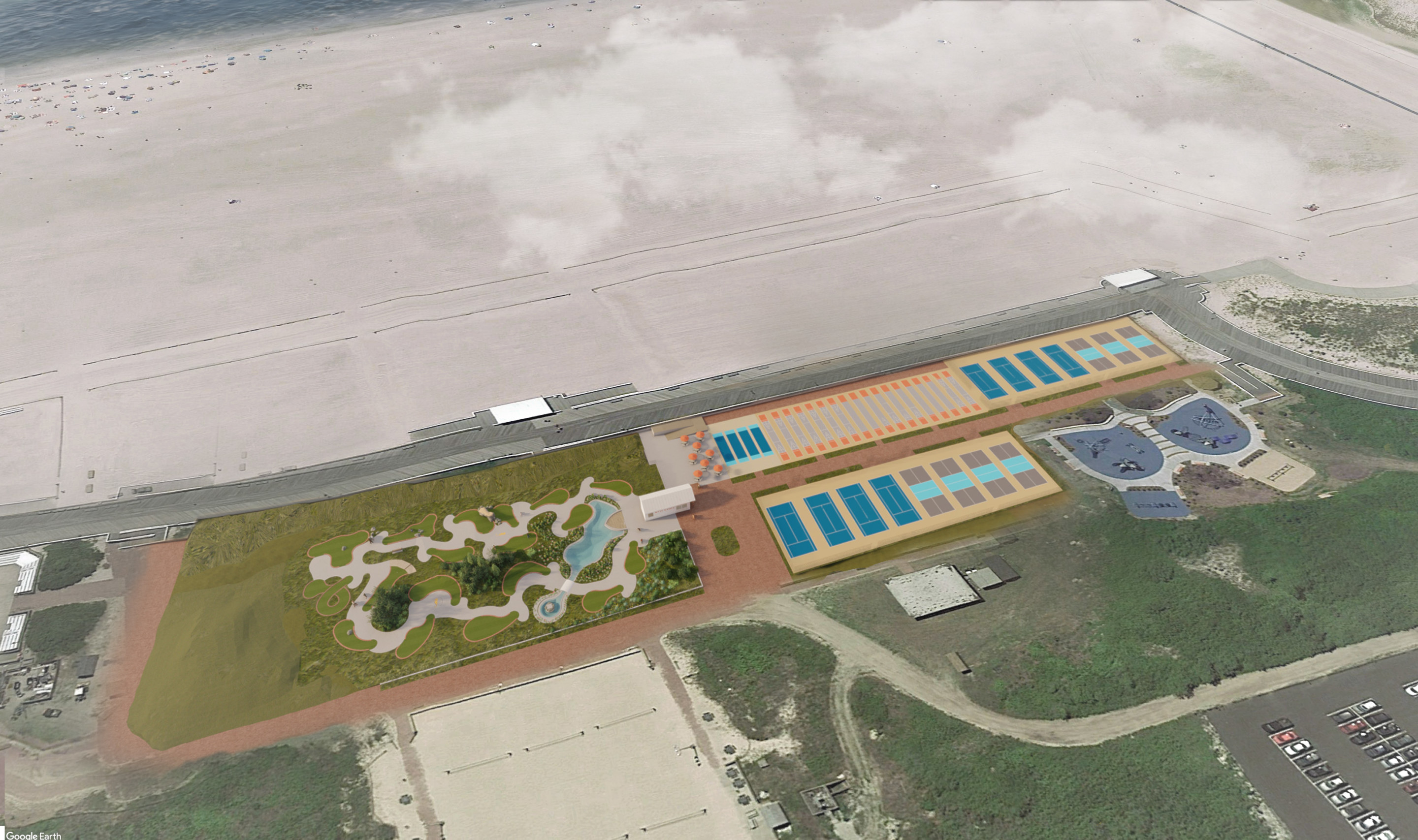 Aerial rendering of jones beach west games, a mini golf course