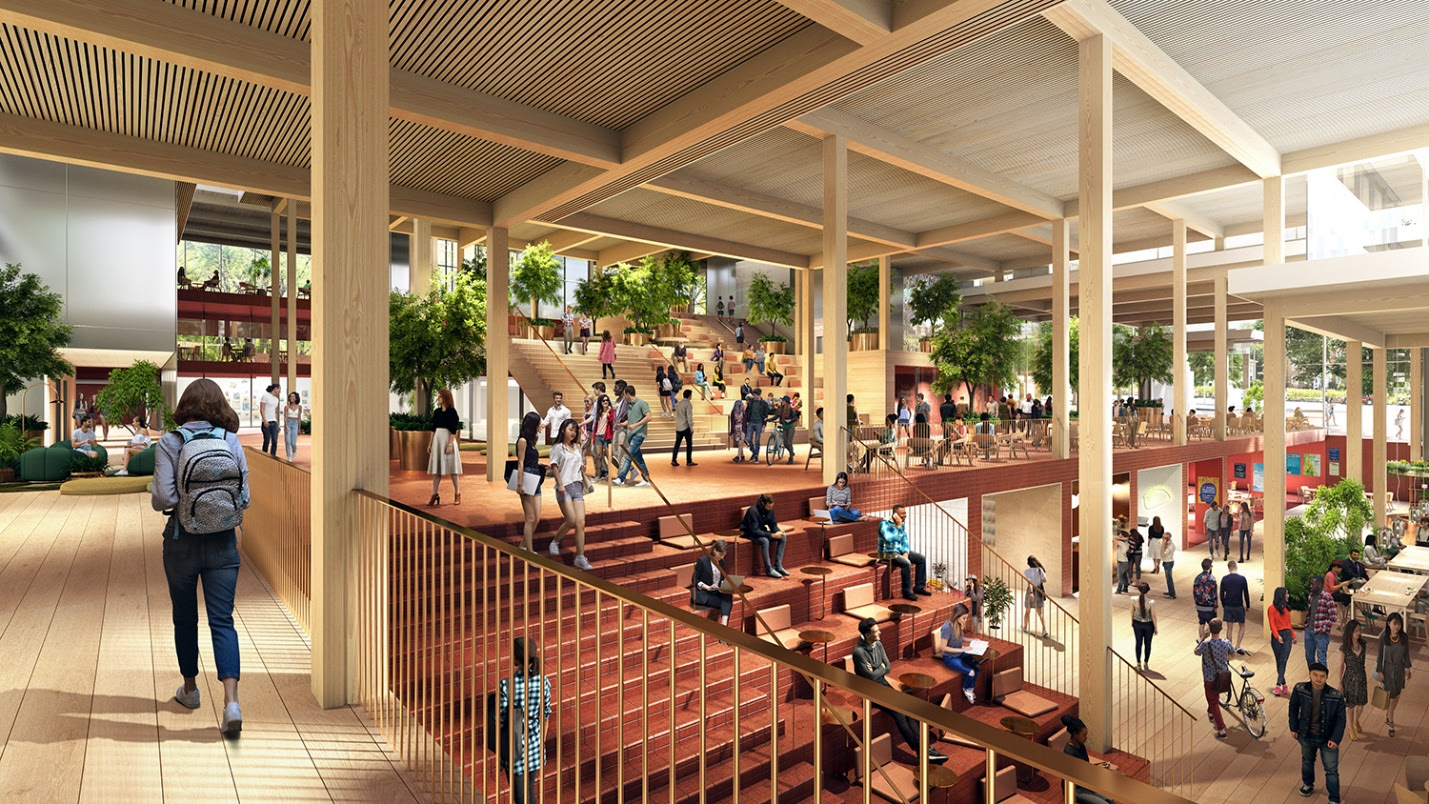 Interior rendering of a square student center decked out in timber