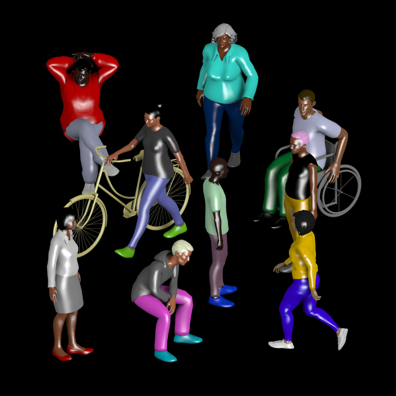 Rendering of people with different mobility issues for ACADIA 2020