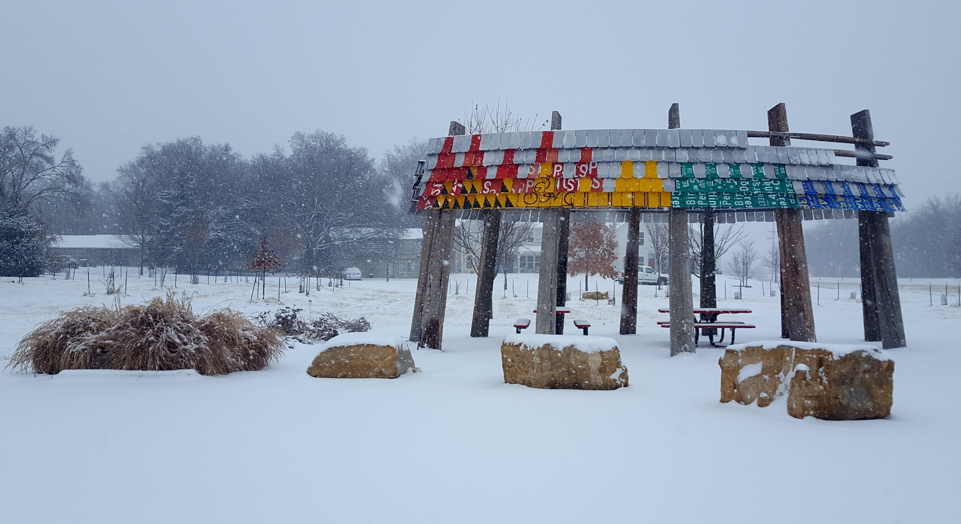 Photo of Kaw Pavilion and Trail Markers