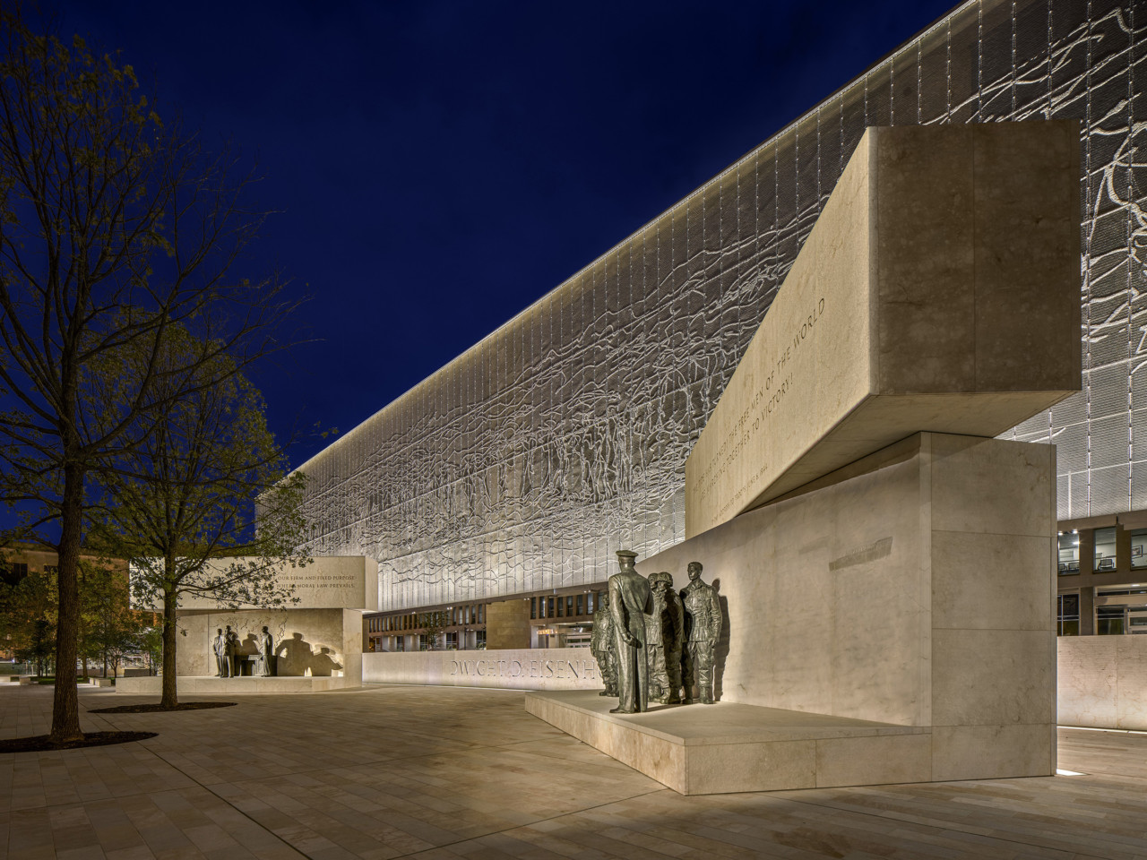 Nighttime image of the Eisenhower Memorial