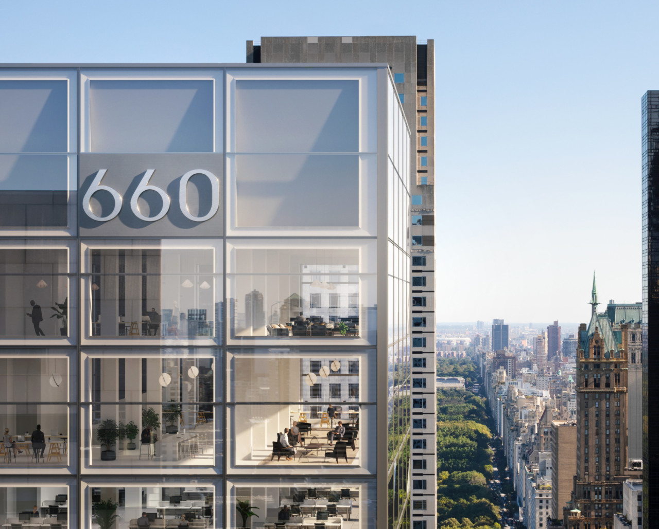 rendering of a high-rise office tower in manhattan with large glass windows, 660 Fifth Avenue
