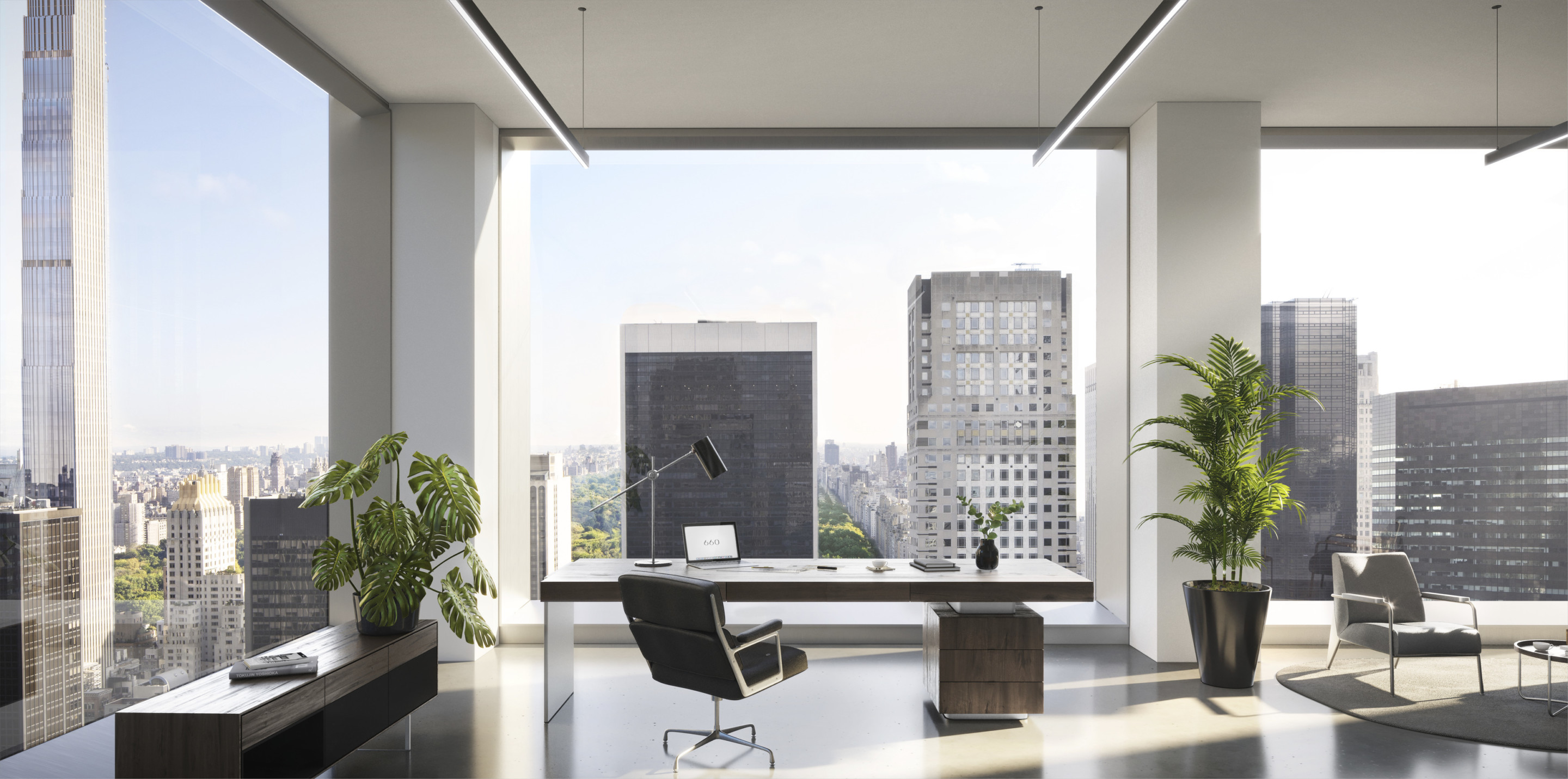 rendering of an office interior with manhattan views