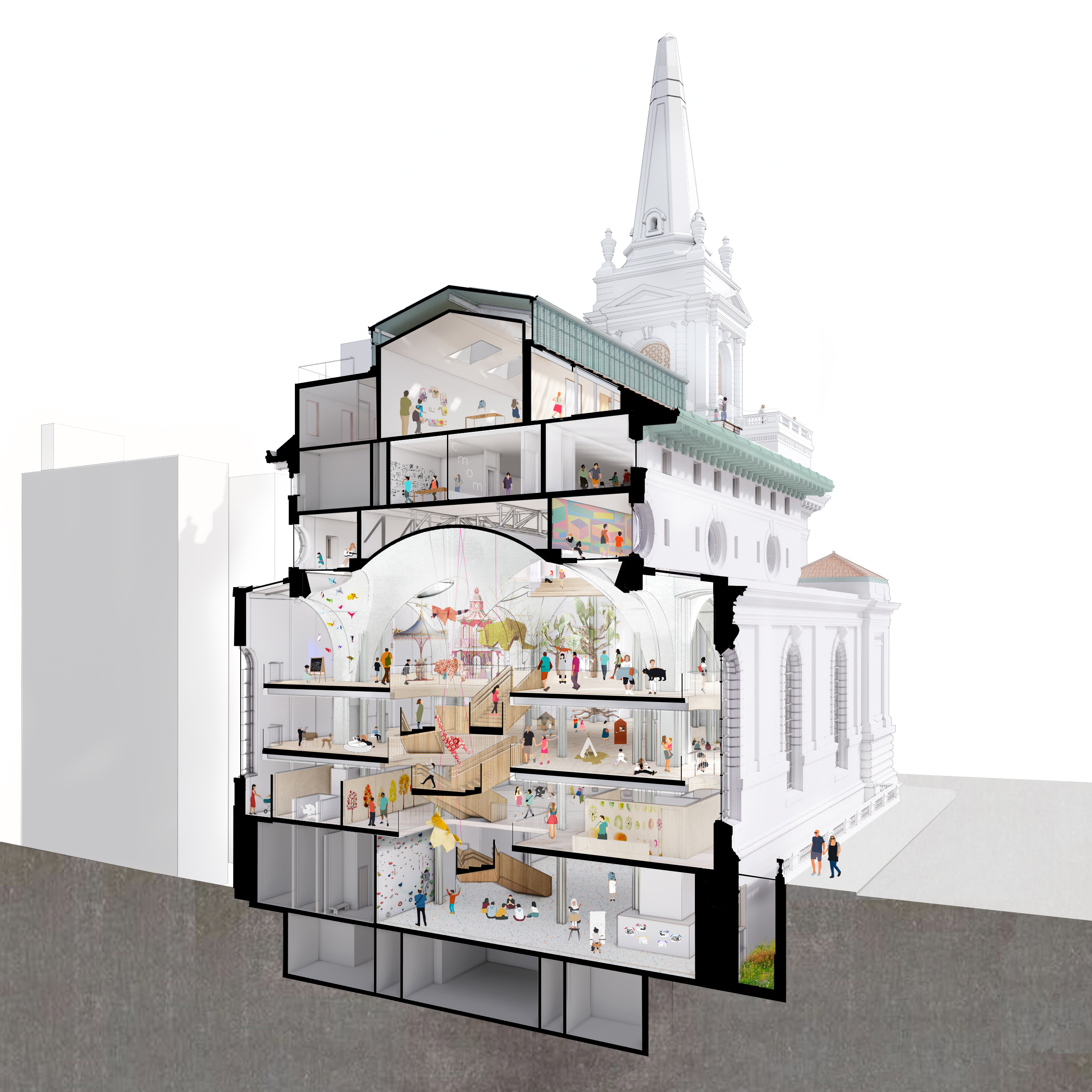 Rendering of the Children’s Museum of Manhattan cut in half with circulation exposed