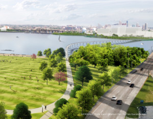 Aerial rendering of middle branch baltimore riverfront