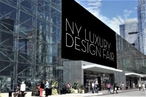 rendering of a convention center exterior with a banner reading NY Luxury Design Fair