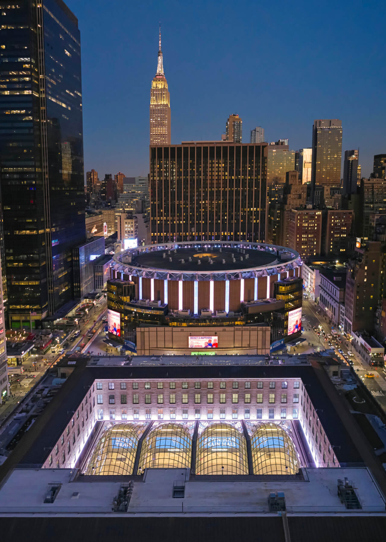 Drone image of maddison square garden and the new glass-topped train hall