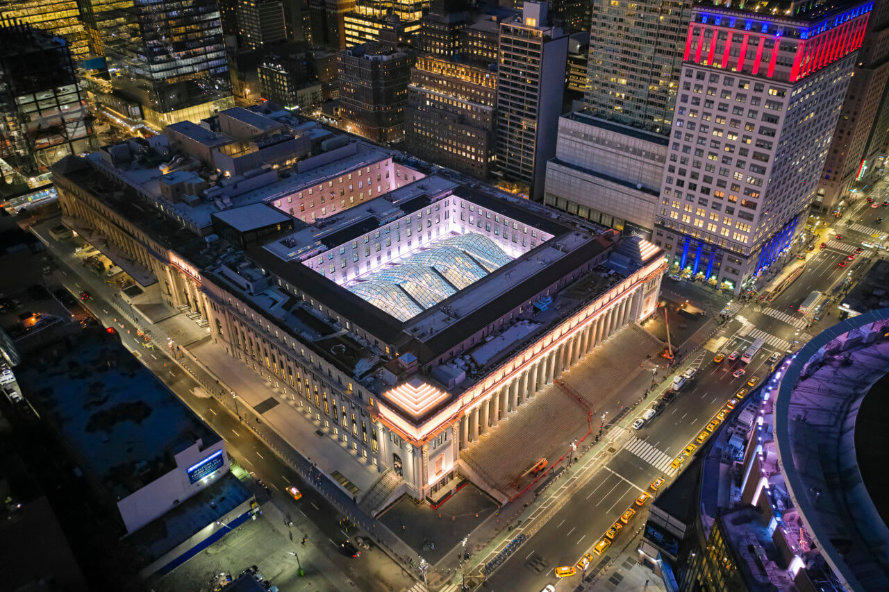 Drone image of maddison square garden and the new glass-topped train hall