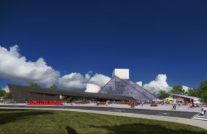 rendering of a museum expansion project at the rock & roll hall of fame