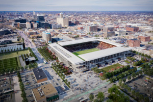 aerial view of planned soccer stadium