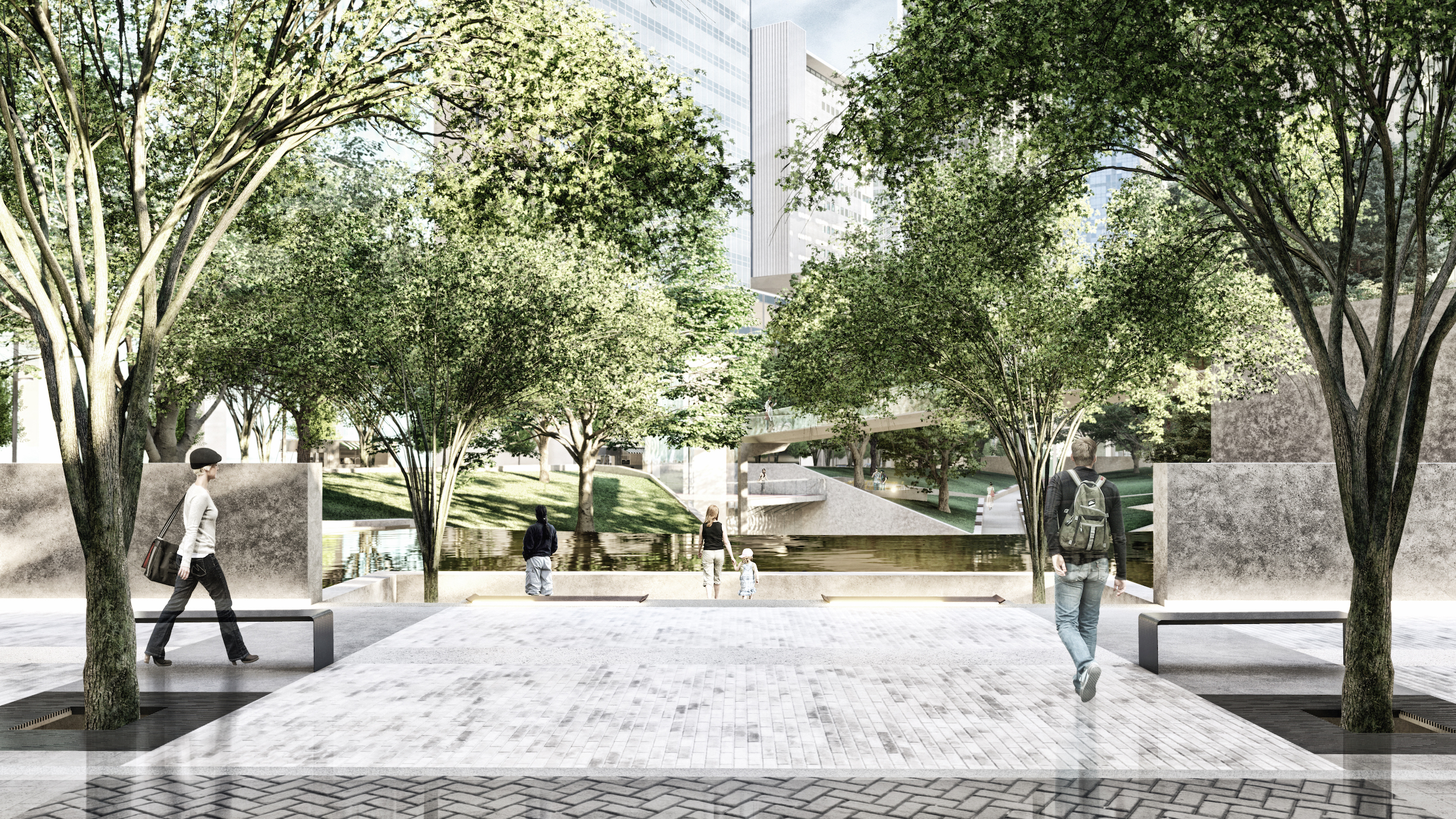 Rendering of a park with revitalized streetscape