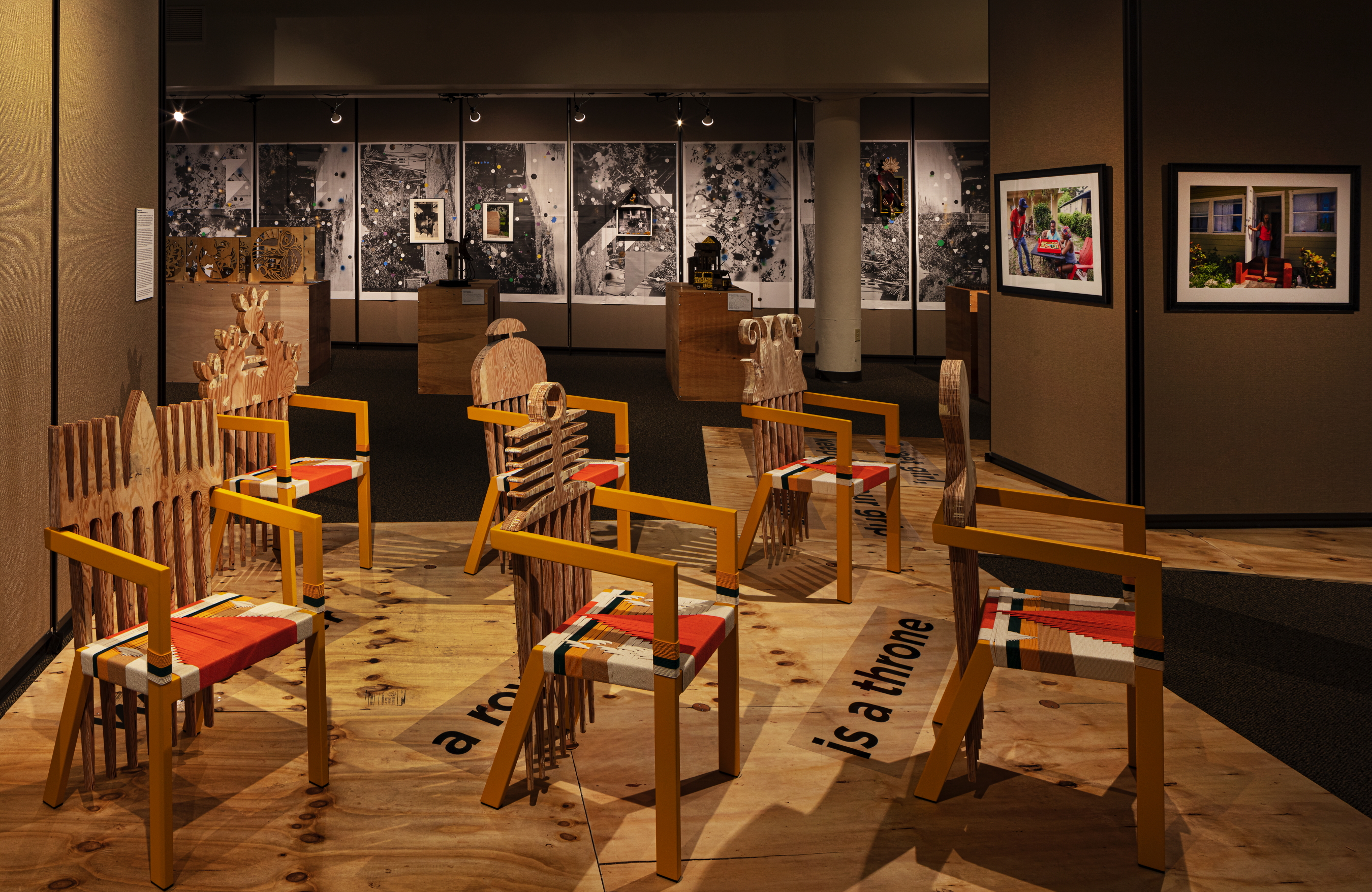 Interior of an exhibition with different chairs