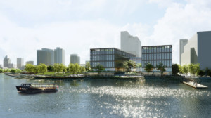 Rendering of double glassy box volume on the waterfront