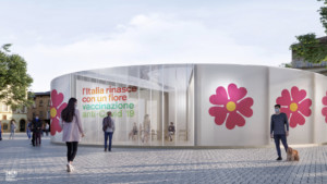a circular temporary pavilion with a flower logo