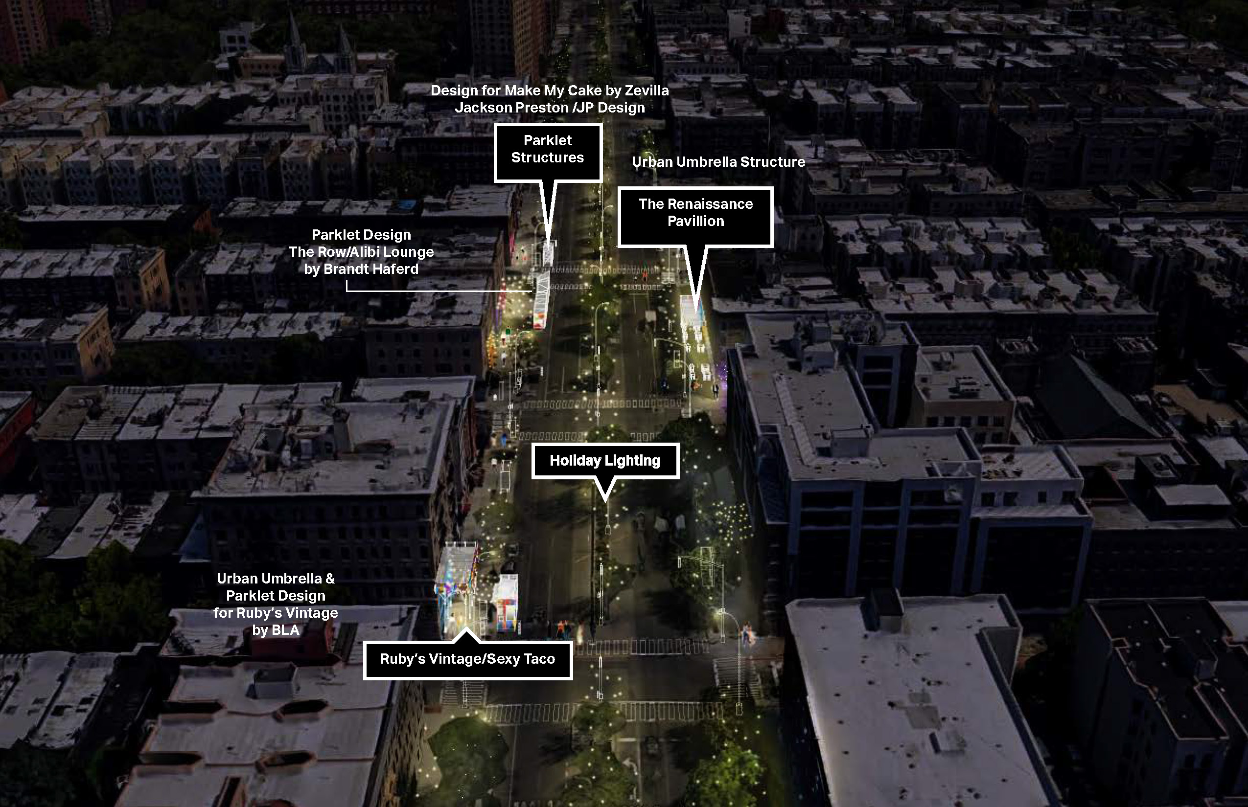 aerial diagram of outdoor dining and parklet structures in Harlem