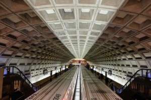 Interior of a DC Metro station with two trains