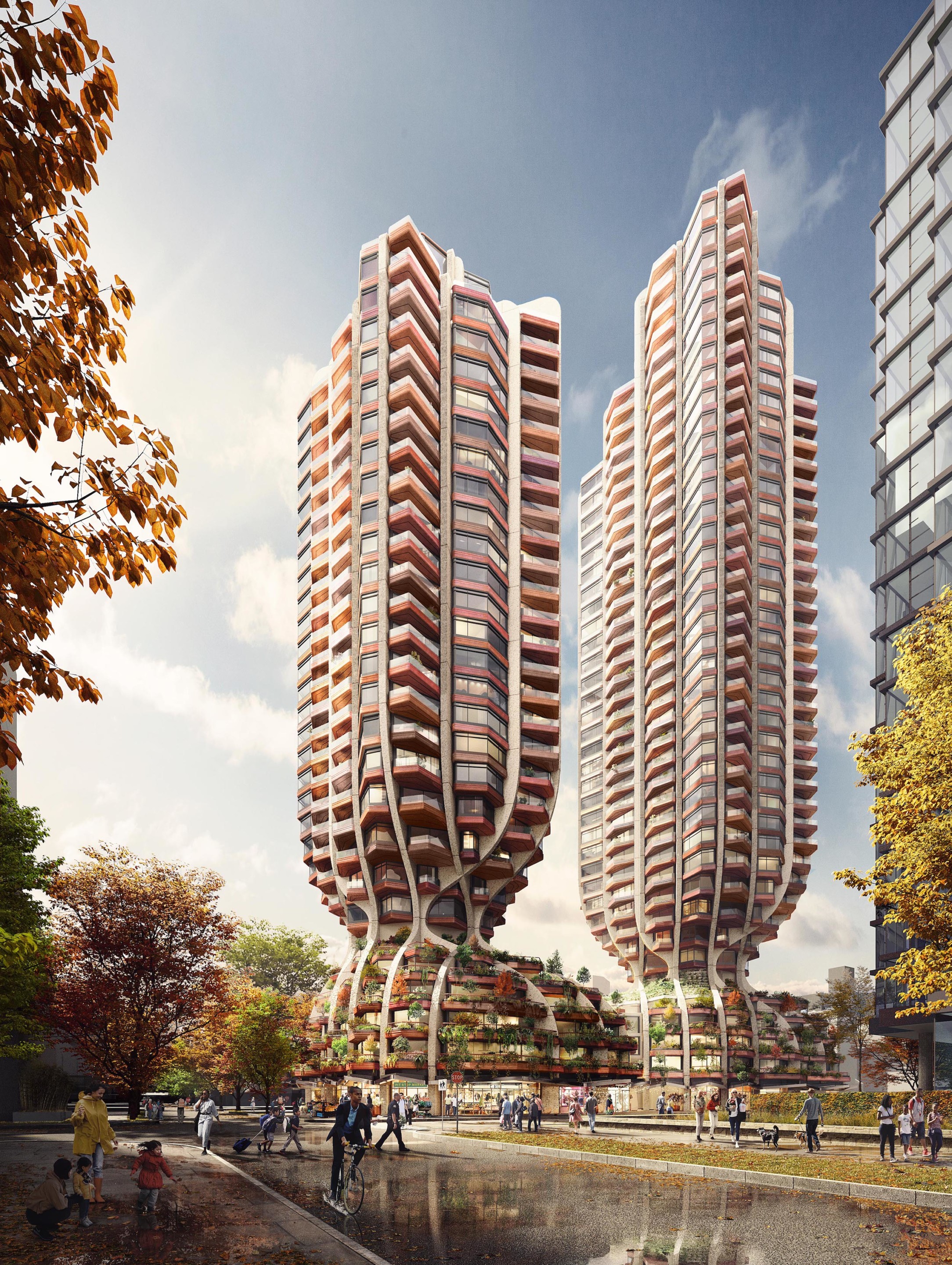 illustration of two twisty-tree-like apartment towers