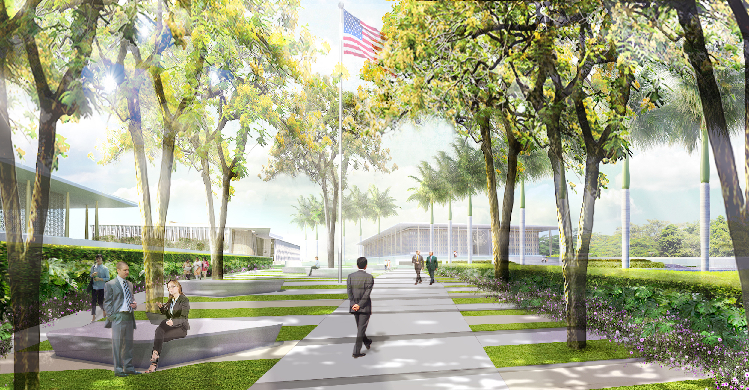 rendering depicting a walkway at an embassy campus in india