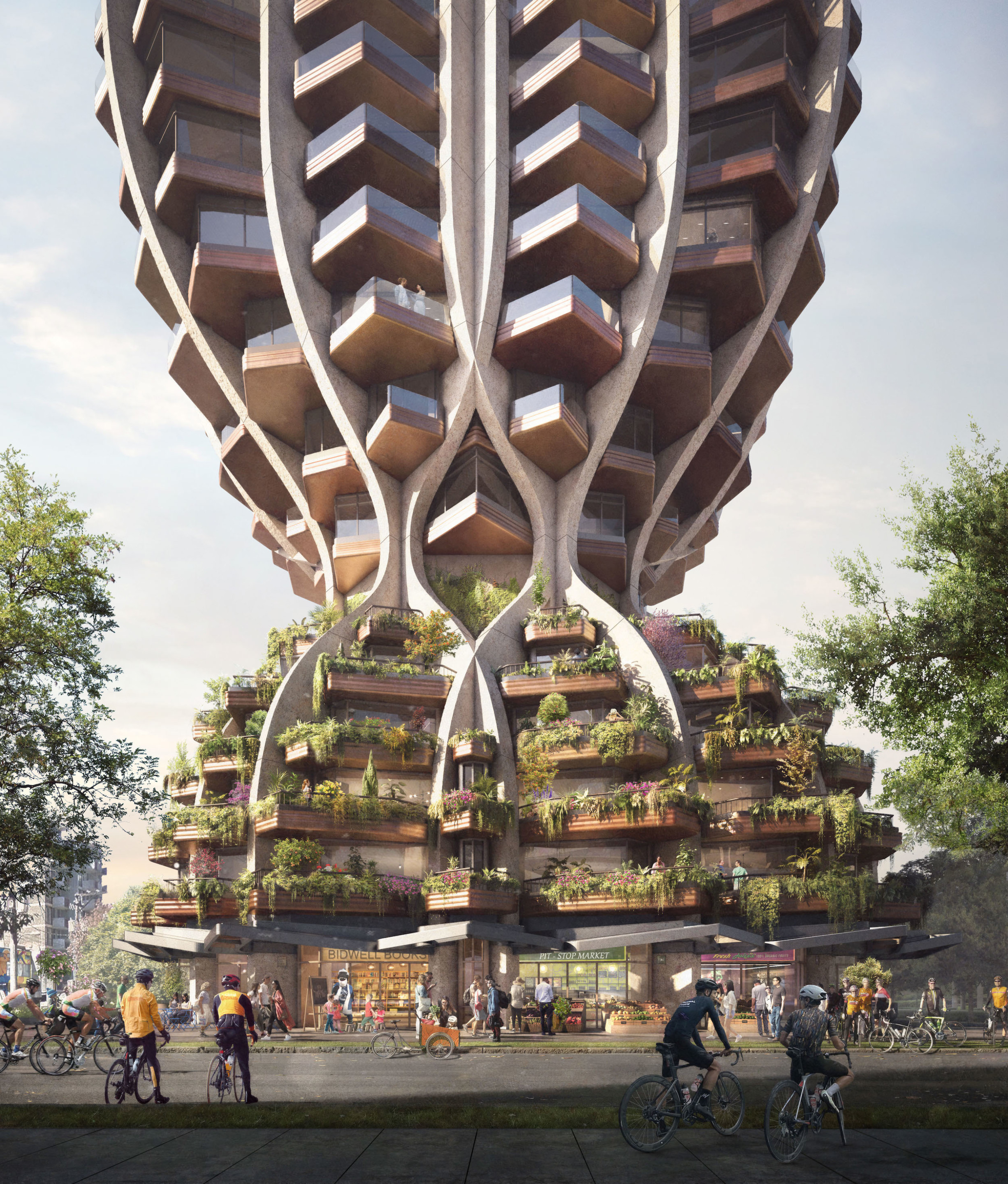 illustration of two twisty-tree-like apartment tower