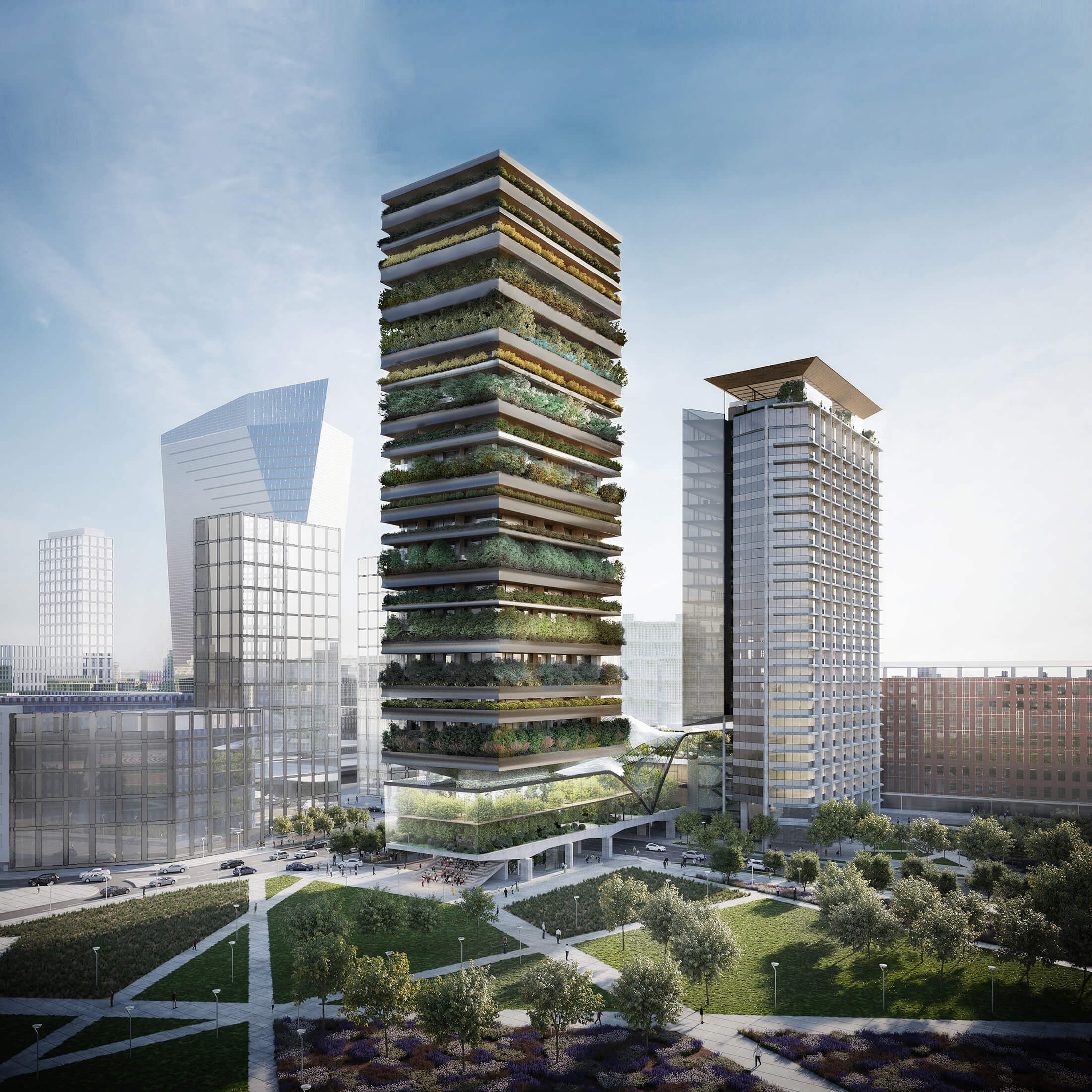 rendering of a heavily planted office tower on a landscaped site