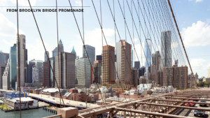 Peering through bridge cables at a waterfront tower, rendering shown to the Landmarks Preservation Commission