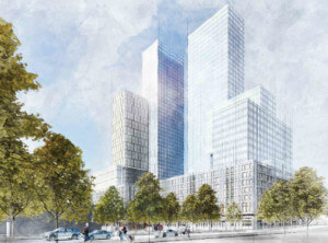 architectural rendering of the two glass towers by the Botanic Garden