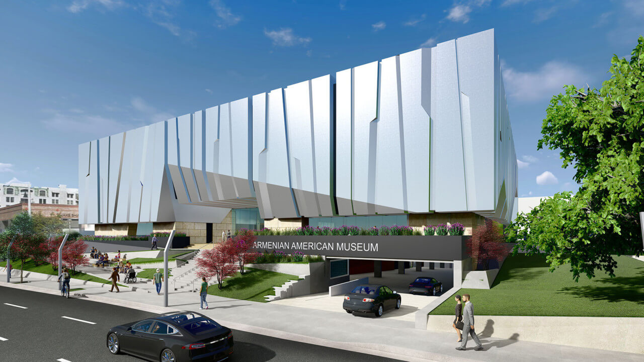 rendering of a museum with a shiny, jagged facade