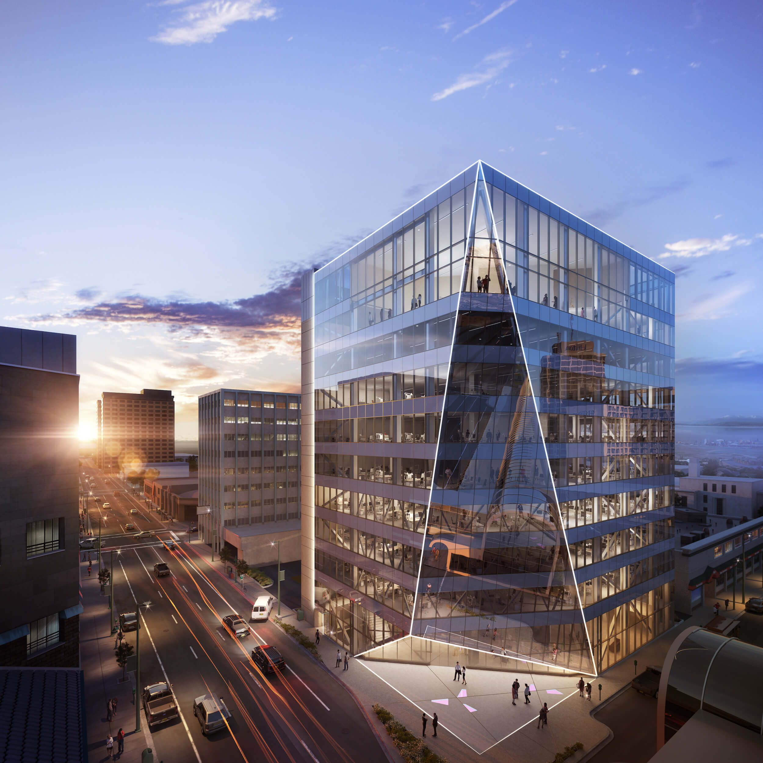 rendering of an angular glass building