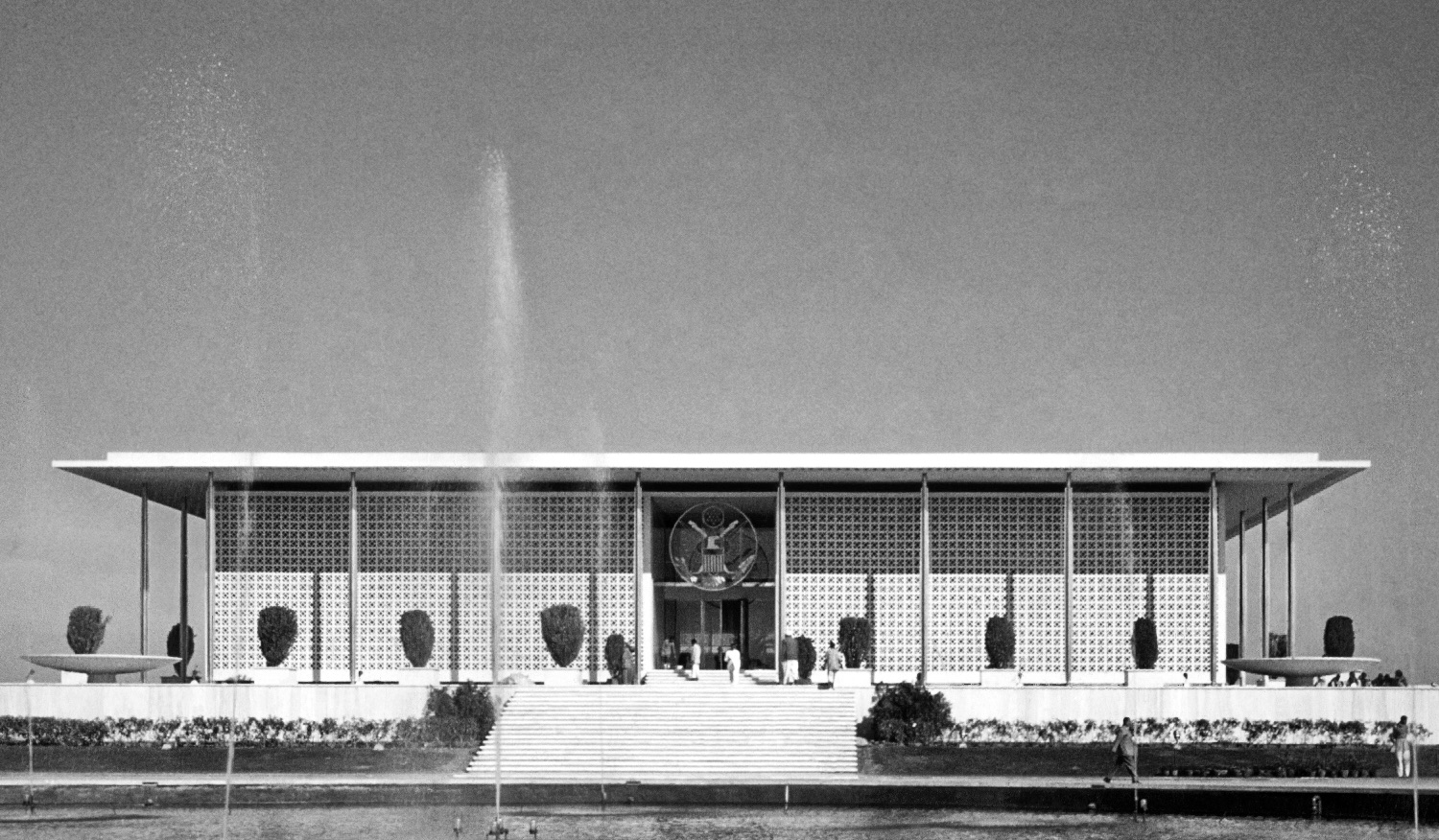black and white photo of a modernist embassy building